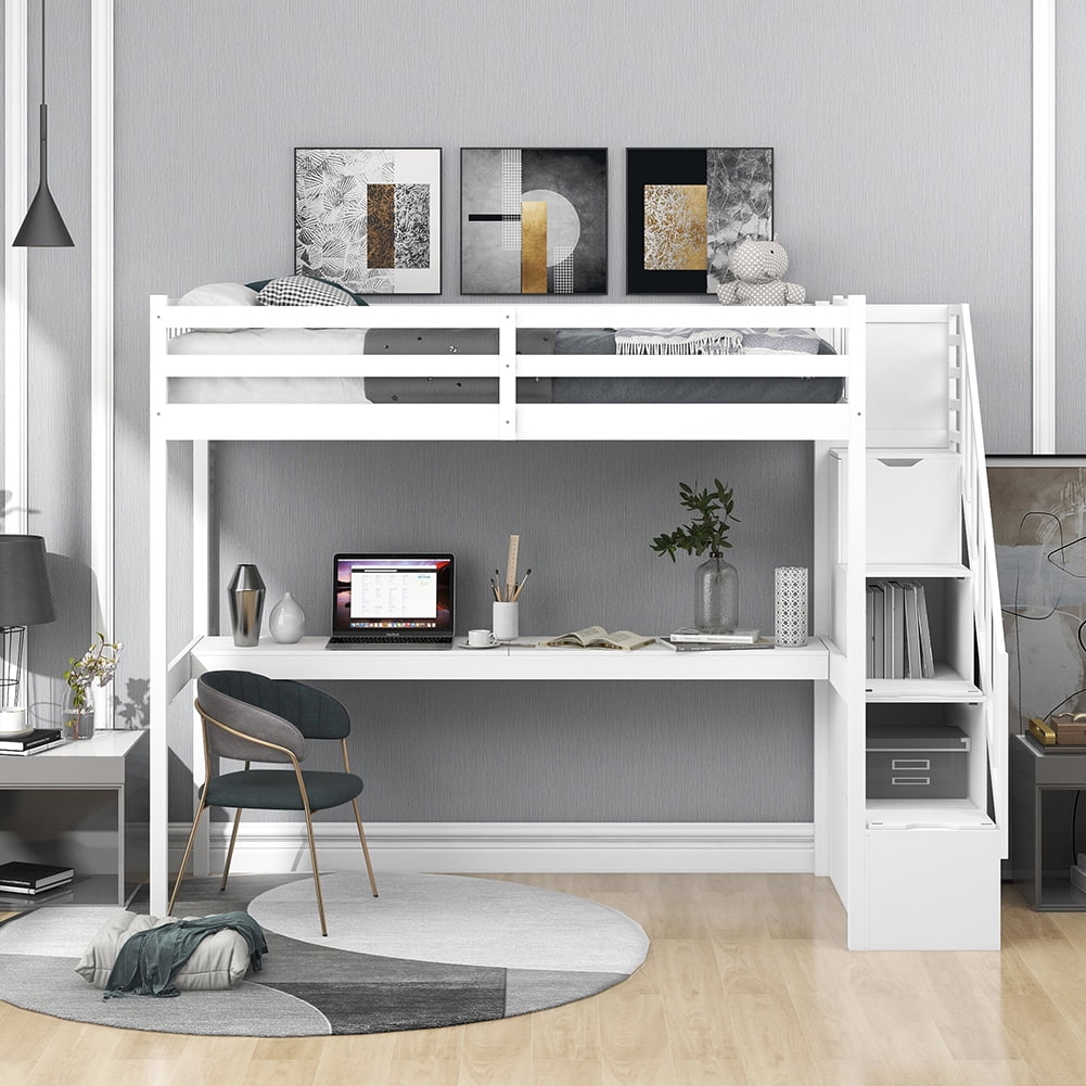 Kadyn Wooden Loft Bed with Storage Stairs, Under-bed Desk and Gaming Area, Twin, White Kadyn Wooden Loft Bed with Storage Stairs, Under-bed Desk and Gaming Area, Twin, White