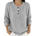 thumbnail image 2 of Only Moment Gray Lightweight Crochet Pullover Tops Crew Neck Deco Buttons Soft Fuzzy Sweater, Warm Chunky Long Sleeve Pullover,Winter Clothing,Casual Loose Fit, Work Travel All-Day Wear L, 2 of 5