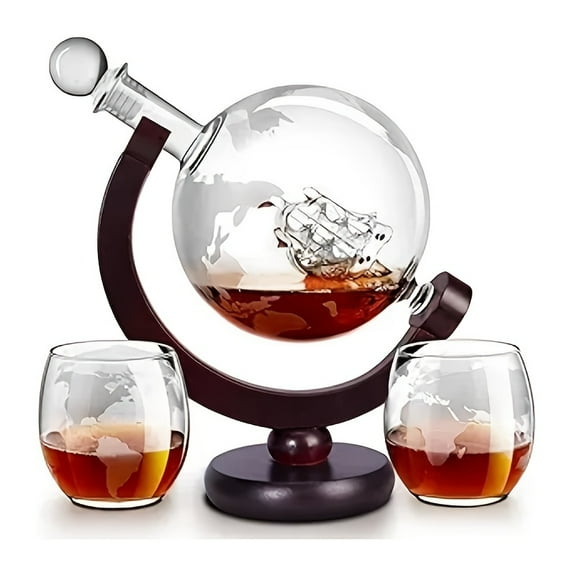Whiskey Decanter Set - 27oz Globe & 44oz Sailboat   10oz Etched Cups - Perfect Gift for Birthdays/Weddings