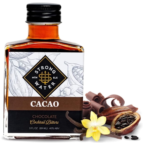 Strongwater Cacao Bitters (40 Servings) - Chocolate Bitters for Cocktails, Made with Roasted Cacao Nibs, Cherry Bark, Vanilla, & Almond - Pair with Bourbon, Vodka, Champagne, Coffee - 3oz, 1 Pack