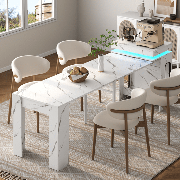 Extendable Dining Table with Charging Station & LED Lights, Folding Console Table for 6-8 People, Space-Saving Marble White Kitchen Table