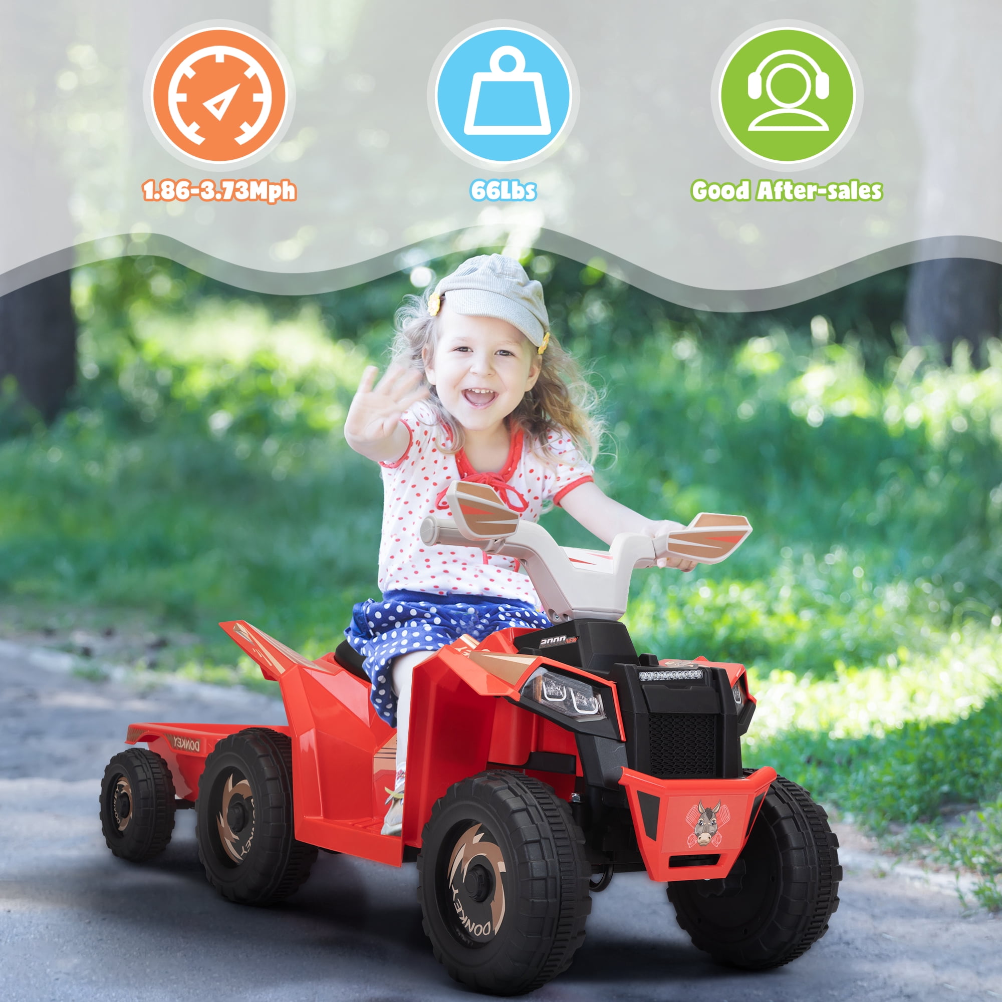 TOBBI 6V Kids Ride on ATV Quad Battery Powered 4-Wheeler Toddlers Toy Car W/ Trailer Bluetooth MP3 Horn, Red