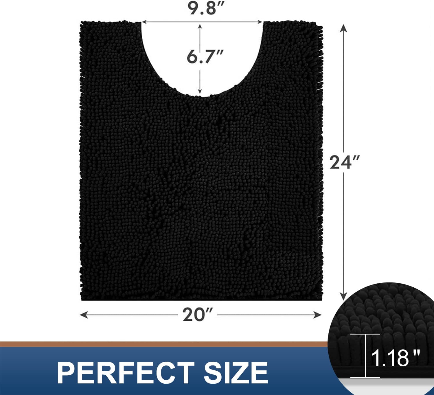 Smiry Chenille U-Shaped Toilet Bathroom Rugs, Soft Absorbent Non-Slip Contoured Carpet, Machine Washable Bathroom Mats, 20"X24", Black