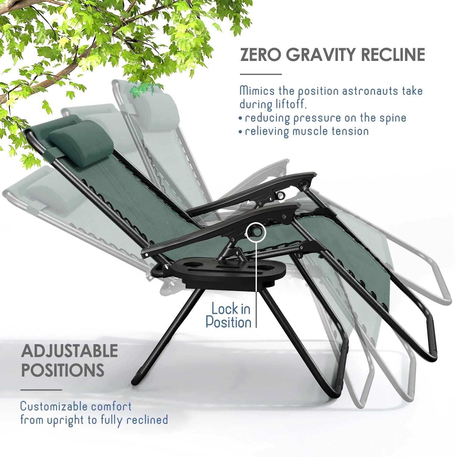 LammaLoe Zero Gravity Chair Set of 6, Outdoor Lounge Chairs with Cup Holder, Forest Green