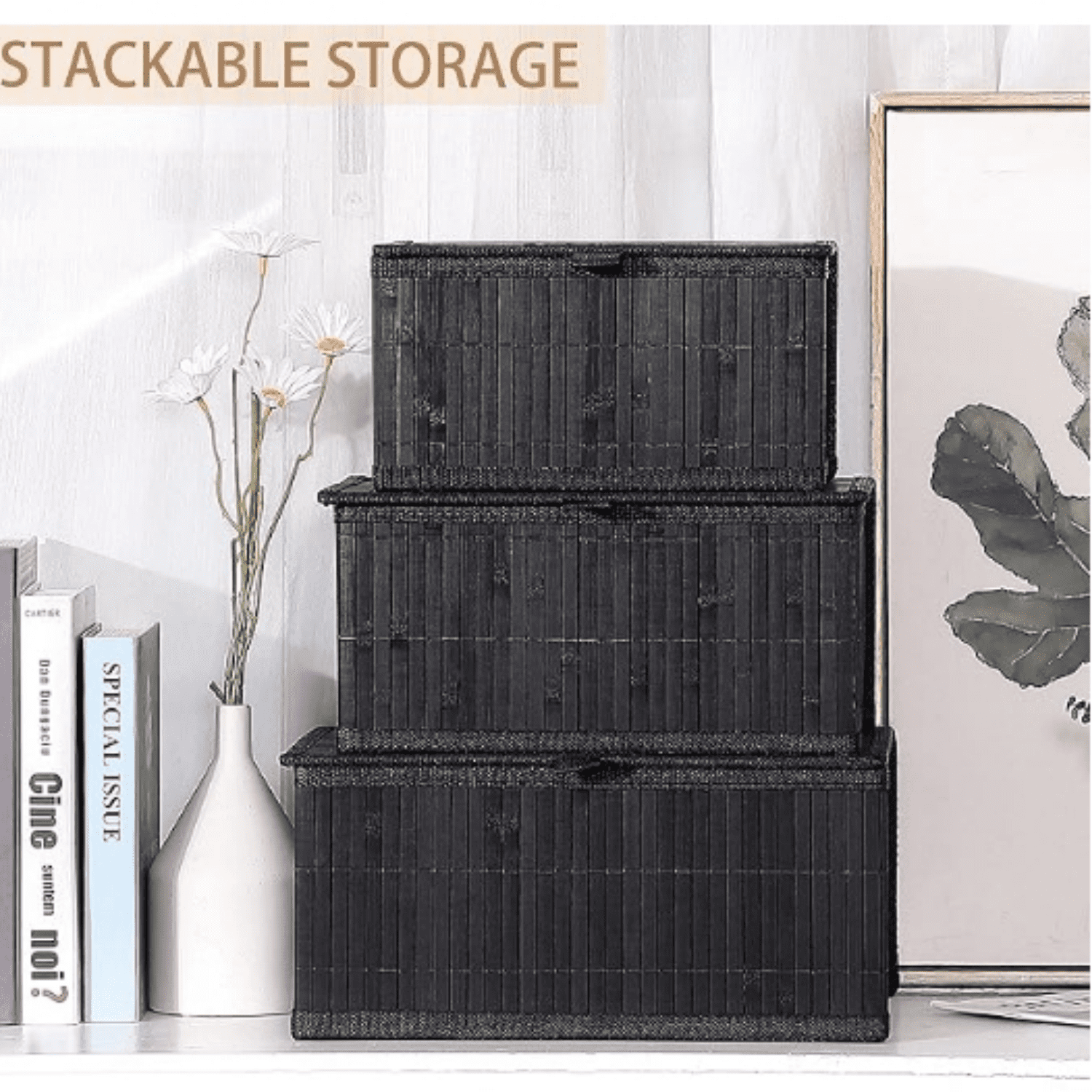 Bamboo D rative Storage Boxes - Set of 3 Woven Lined Storage Basket with Lids, Black Wicker Lidded Baskets for Home Kitchen Shelf Organizer D r