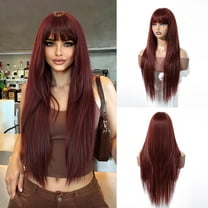 Creamily 28 Ich Glueless Reddish Brown Long Straight Layered Wigs for  Black Women Synthetic Wig with Bangs