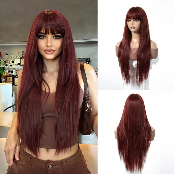 Creamily 28 Ich Glueless Reddish Brown Long Straight Layered Wigs for  Black Women Synthetic Wig with Bangs