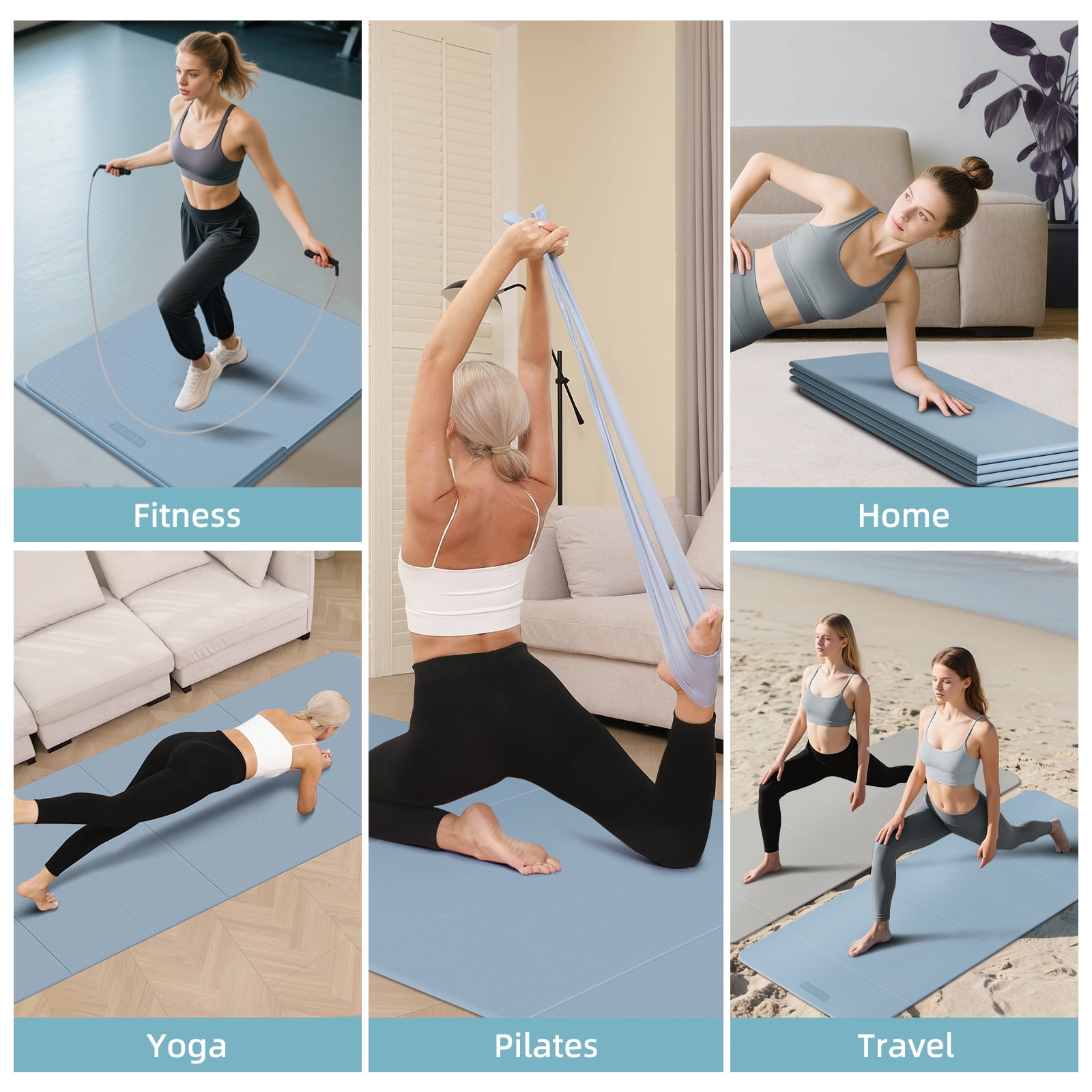 BAIMA Extra Wide Yoga Mat 31.5" x 75" length Large Non-Slip TPE Foldable,Exercise Matt for Yoga Pilates,Home Gym Flooring, Meditation(Blue Gray)