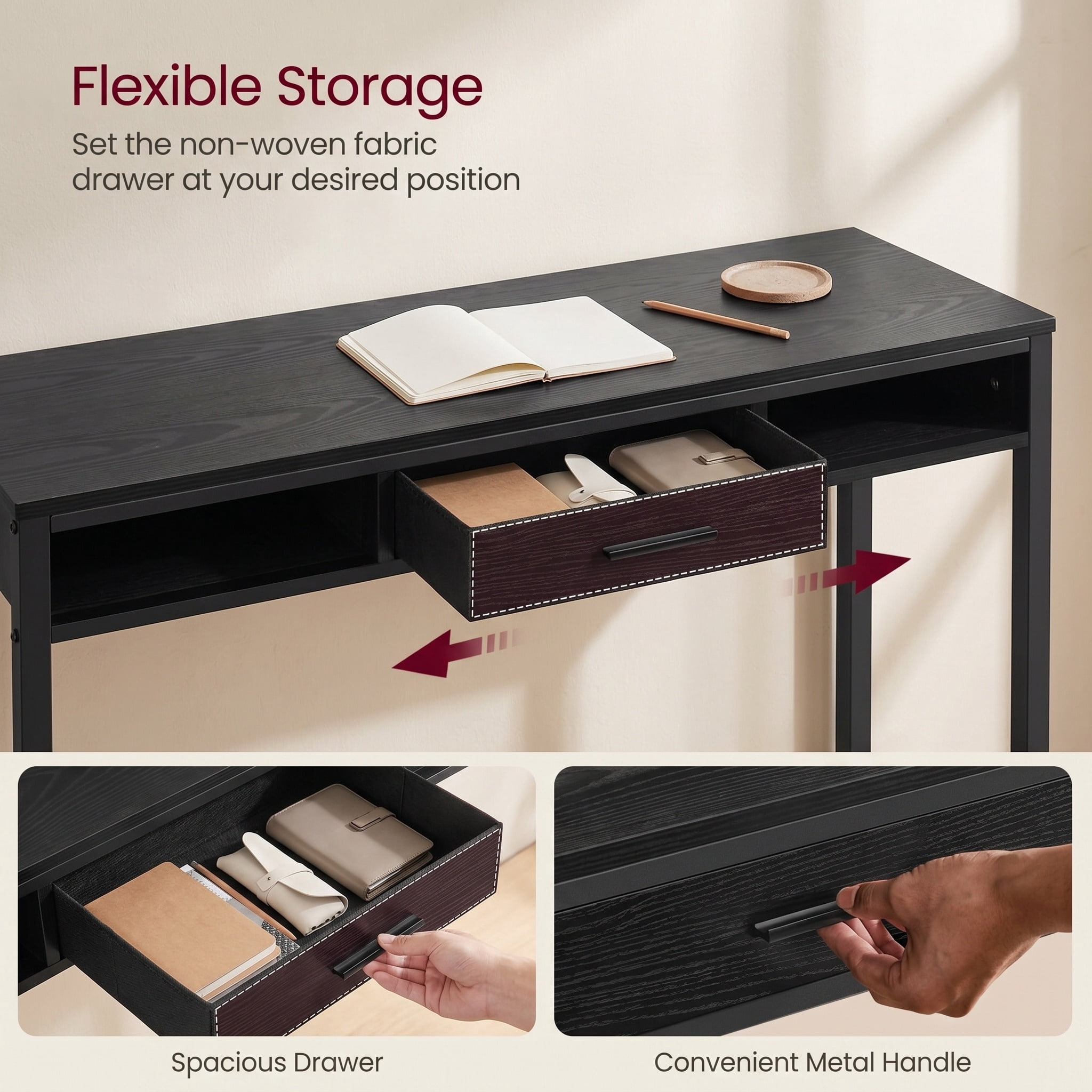 Nordic Hygge Bar Height Pub Table with Storage and Built-In Power Strip, Fabric Drawer, and Side Hooks