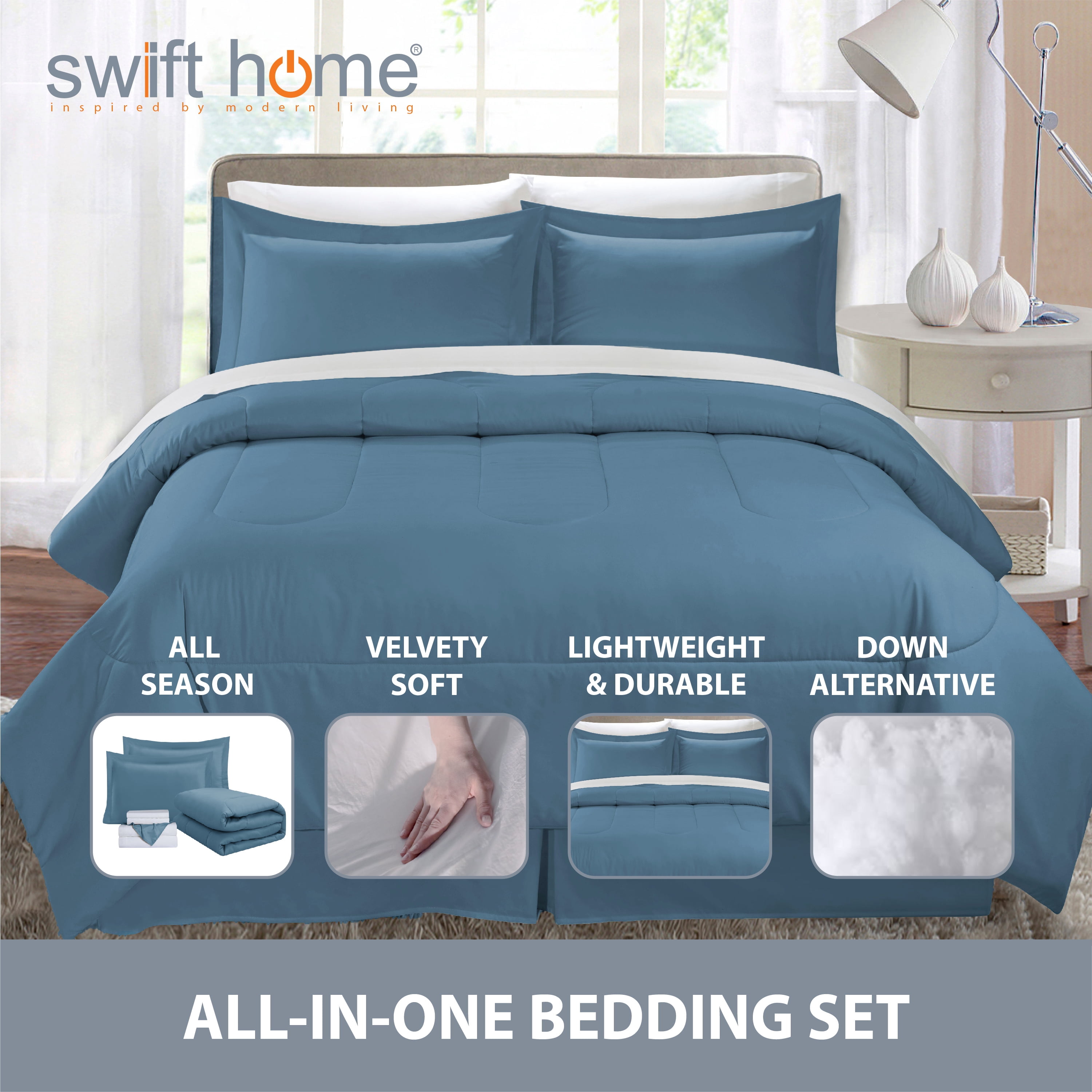 8PC Queen Complete Bedding Set (Comforter, Sheets, Pillowcases, Bed Skirt, Shams) Bed In A Bag, Blue