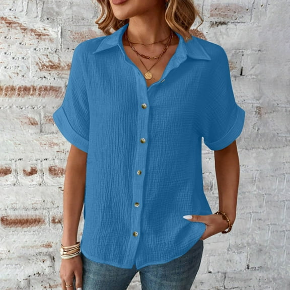 Cagogo Women's Short Sleeve Tops Summer Under $10 Plus Size Cotton Tunic Tops Button Down V Neck Trendy Summer T Shirt Valentines Day Gifts