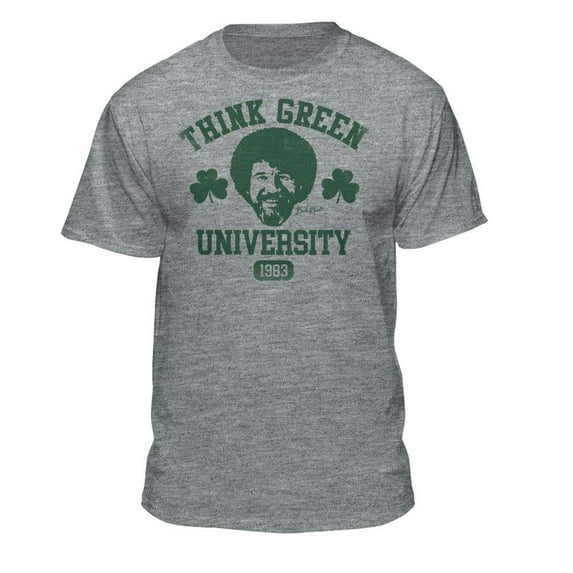 Teelocity Bob Ross Think Green University Athletic Heather Short Sleeve Graphic Tee