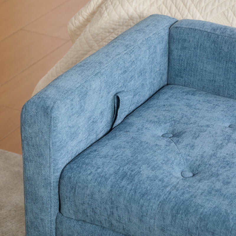 AISWORD 64.6"W Chenille Storage Bench with Armrests & Backrest,Flip-Top End of Bed Bench,Tufted Footrest Ottoman,2 Bolsters,Whitewashed Rubberwood Legs for Living Room,Hallway,Entryway,Bedroom,Blue