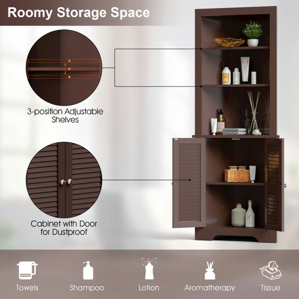 Finihen Storage Cabinet, Floor Cabinet, Free Standing Tall Bathroom Corner Storage Cabinet with 3 Shelves, for Bathroom, Living Room, Bedroom, Kitchen, Brown