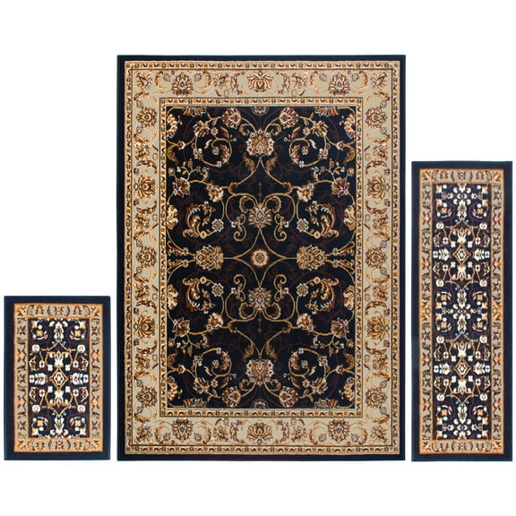 Home Dynamix Ariana Badah Oriental Damask Border Area Rug, Black/Ivory, 3-Piece Set