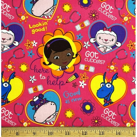 1 Fat Quarter - Doc McStuffins Nurse Hallie Hippo & Friends on Pink Cotton Fabric - 21" X 18"