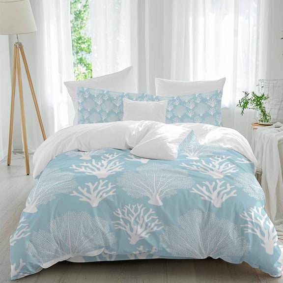 Ocean Blue Coral 4 piece Duvet Cover Set, Comfort Bedding Set King Size Include a Duvet Cover, a Bed Sheet, 2 Pillowcase with Zipper for All Season