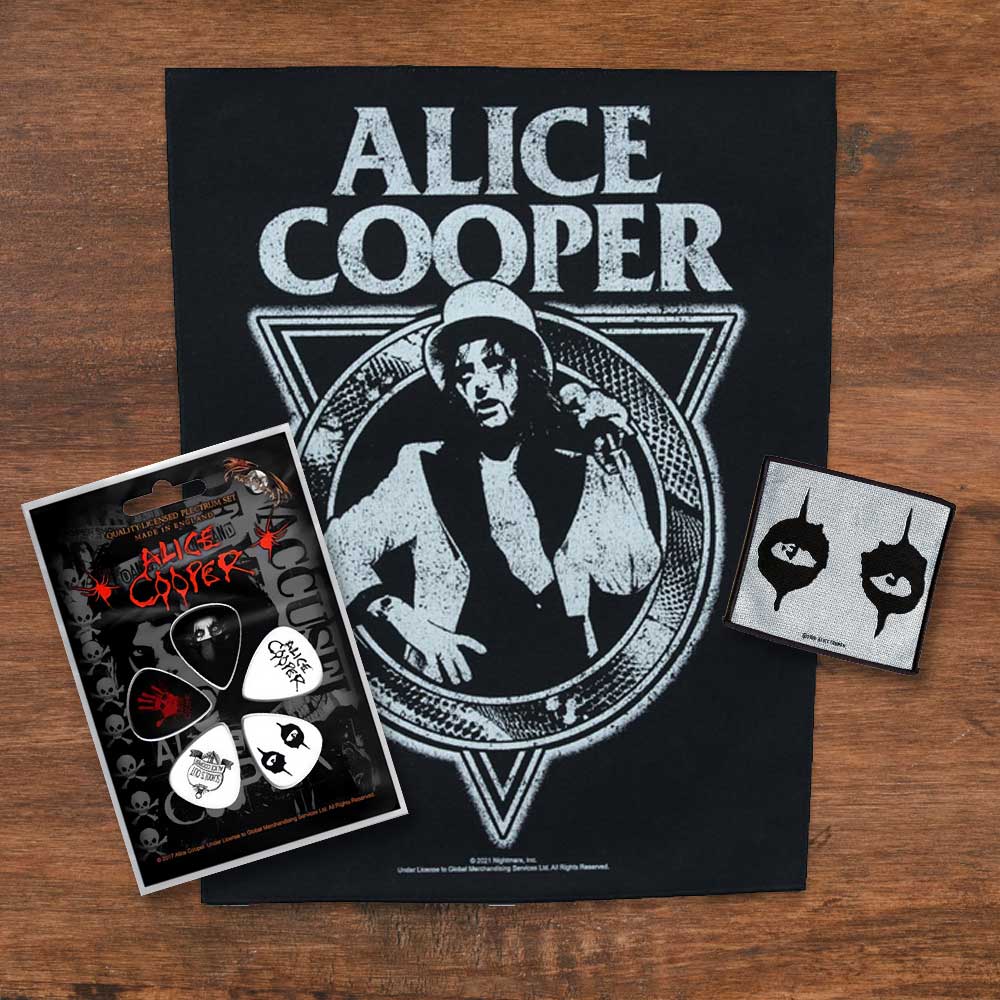 Alice Cooper Officially Licensed Gift Set - 1 Back Patch, 1 Standard Woven Patch, 1 Set of five Guitar Picks