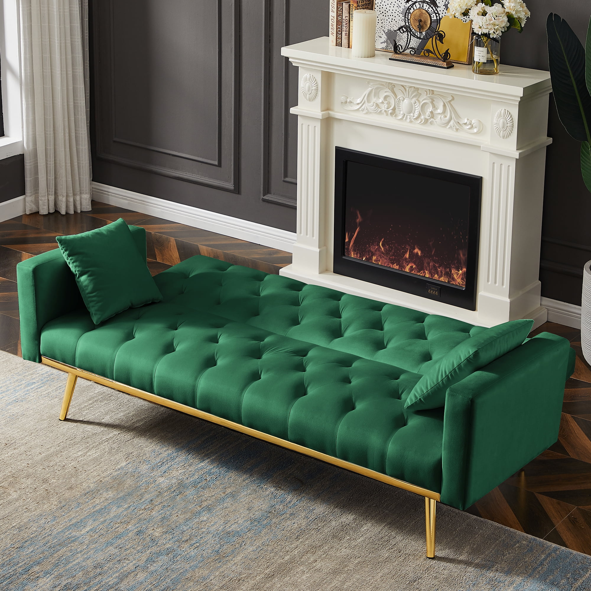 Kadyn Velvet Upholstered Sofa, Modern Convertible Folding Futon Sofa Bed for Apartment, Living Room Sofa with 2 Throw Pillows, Green
