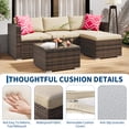 thumbnail image 5 of Versatile 5-Piece Outdoor Patio Furniture Set – All-Weather Brown Four-Line Rattan Sectional Sofa with Khaki Cushions, Red Pillows, Glass Coffee Table & Ottoman – For Garden, Backyard, Poolside, 5 of 9