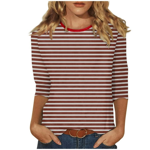 Camisetas de Manga Corta para las Mujeres a Rayas Impresas de Tres Cuartos de Manga, Cuello Redondo Casual Top