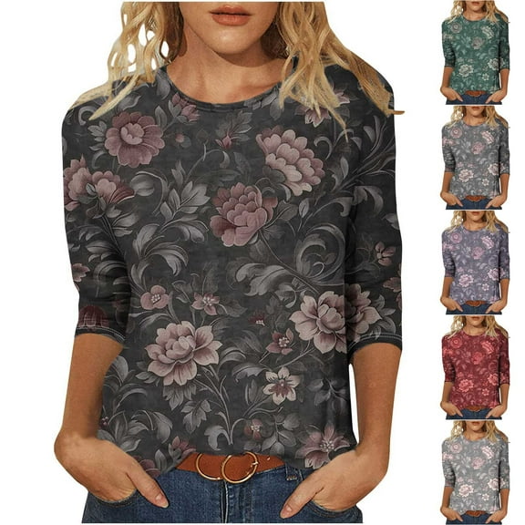 CYMMPU 3/4 Sleeve Blouses for Women Dressy Casual Tunic Tops Spring Tops Floral Printed Fall Fashion Shirts Crew Neck Loose Fit Lightweight Basic T-Shirts Black XXL