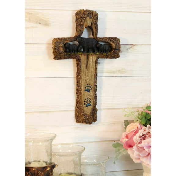 Rustic Western Black Bears Momma And Cubs On Bear Trail Wall Cross Decor Plaque