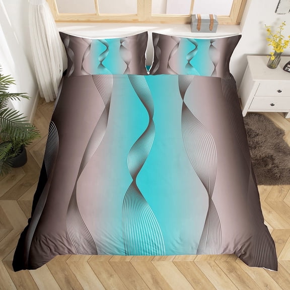 Erosebridal Gradient Terra Brown and Teal Duvet Cover Ombre Bedding Sets,Spiral Silver Print Wave Striped Pattern Queen Comforter Cover,Abstract Art Room Decor Aesthetic
