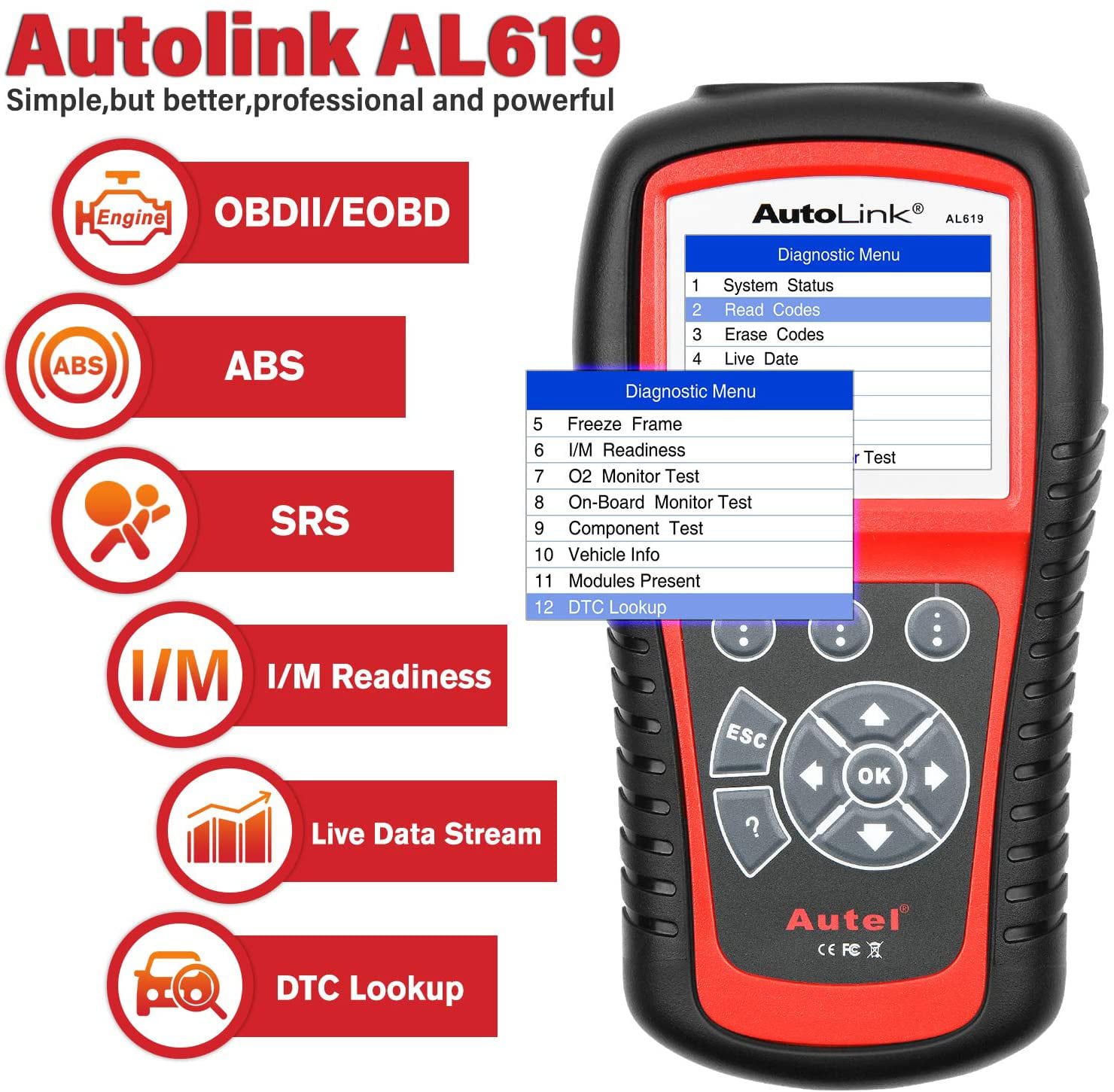 Autel Autolink AL619 Code Reader Auto Diagnostic Scan Tool SRS ABS Airbag Reset 