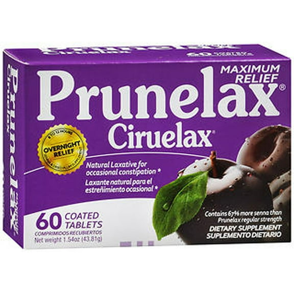 Prunelax Ciruelax Maximum Relief Laxative Tablets with Natural Senna for Occasional Constipation, Senna Extract, Vegan & Gluten-Free, Gentle Overnight Relief - 60ct