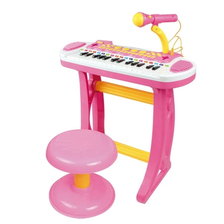 Qaba Clavier de piano enfants avec tabouret d'assise inclus, microphone de  travail, lampe de poche lumineuse et amusante, rose