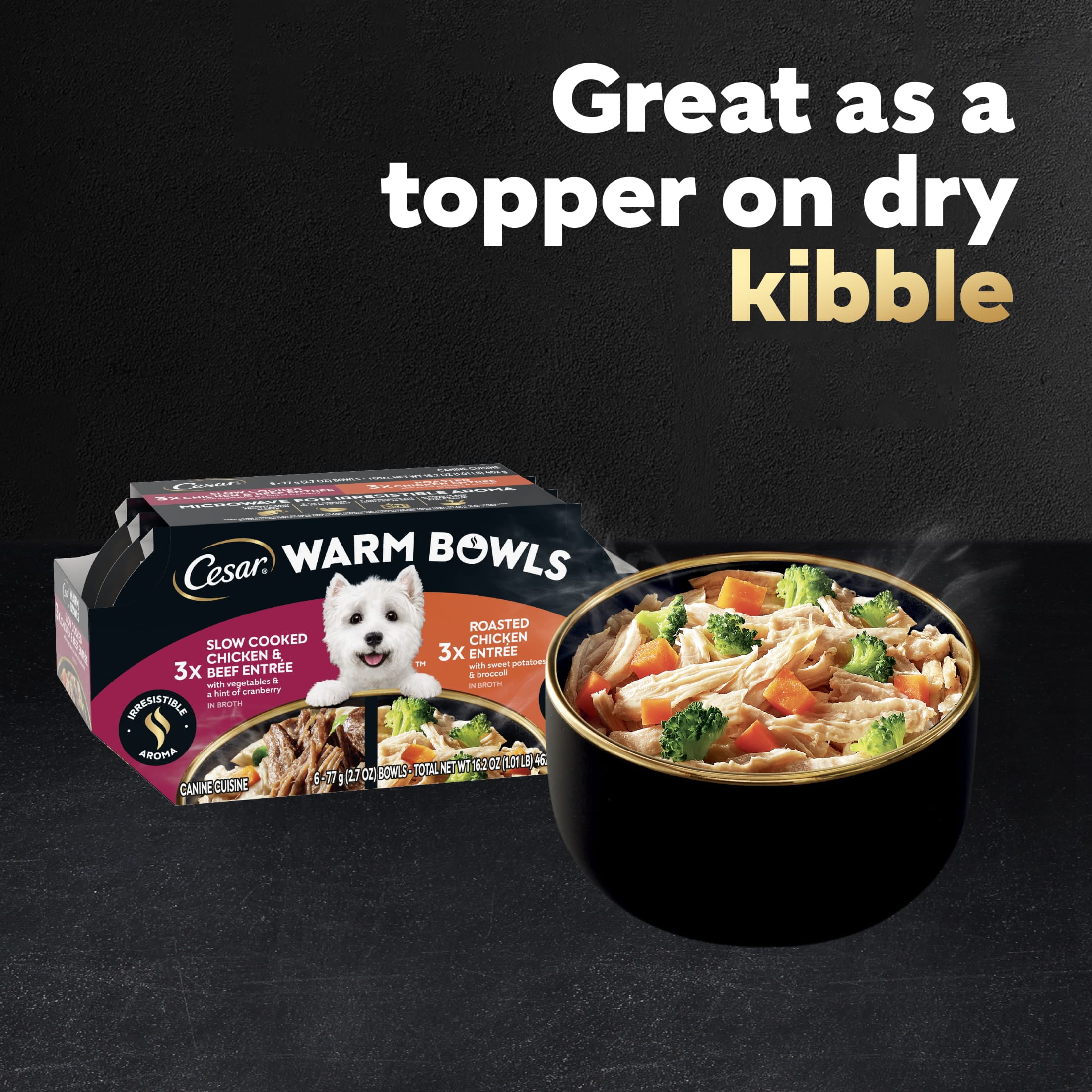 Cesar Warm Bowls Wet Dog Food Variety Pack: Chicken & Beef; And Chicken Entrées, (6) 2.7 Oz. Trays