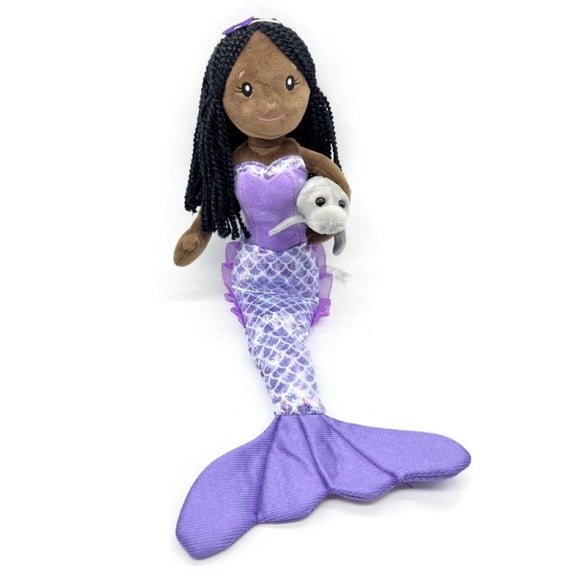 The Petting Zoo Mermaid Doll with Manatee Stuffed Animal- Great Gifts for Girls, Mermaid Plush Doll with Manatee Plush Toy, 17 inch (African American)