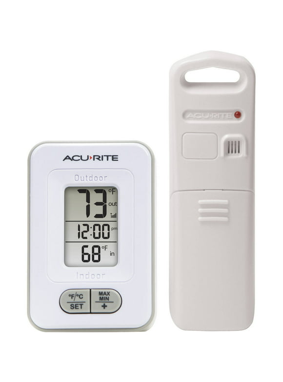 AcuRite Battery-Powered Indoor/Outdoor Digital Thermometer with Clock, White, 3.5" H x 2.3" W x 1.2" D