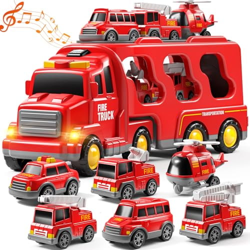 7-in-1 Fire Trucks for 3 4 5 6 Years Old Boys - Transport Car for Toddlers 4-6,Sound and Light Kids Toys for Ages 2-4,Gift for Ages 5-7,4-8 Year Old Girl Birthday Gifts