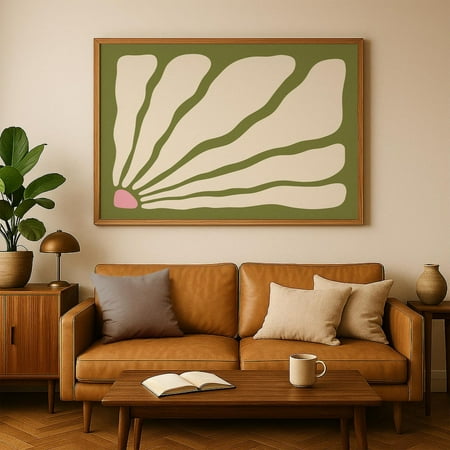 Horizontal Green Abstract Wall Art, Olive Green And Beige Midcentury Modern Landscape Print, For Boho Living Room Decor Home Decor #89, Unframed Poster Size 8x12