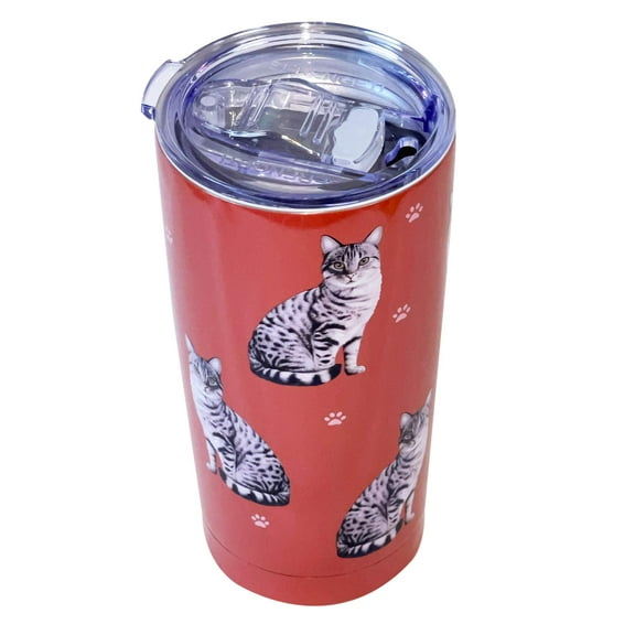 Tabby Cat SERENGETI 16 Oz. Stainless Steel, Vacuum Insulated Tumbler with Spill Proof Lid - 3D Print - Insulated Travel mug for Hot or Cold Drinks (Tabby Silver Cat Tumbler)