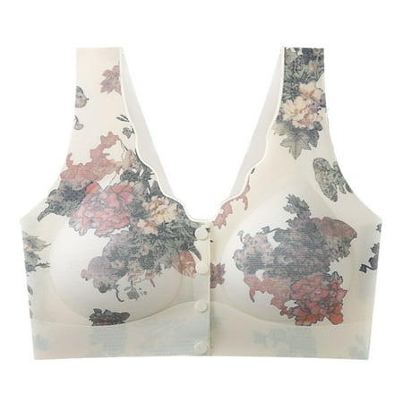 Hessimy Women s Front Button Closure Bra Comfort Full-coverage Bra Senior Front-Closing Wirefree Bra Beige XL