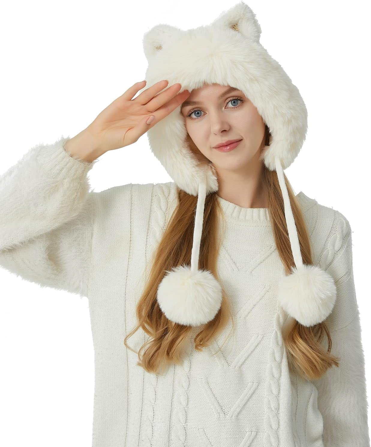 Women Winter Cover Ears Beanie Hat Ear Flaps Ski Snow Hats Knit Fleece Lined 3 Pom Pom