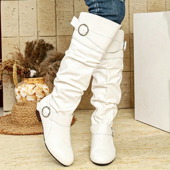 Miqool Women's Faux Leather Dual Ring Buckles Knee High Boots Round Toe Low Block Heel Mid Calf Boots
