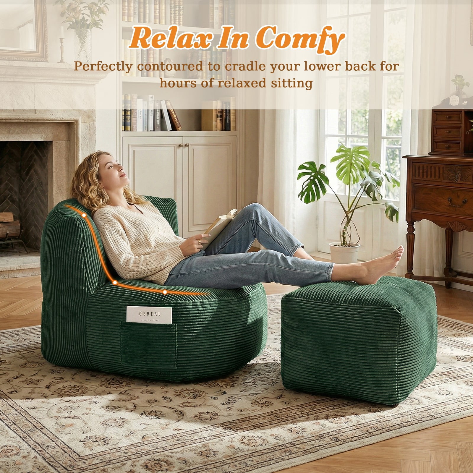 TOPCHANCES Large Bean Bag Chair for Adults, Crushed Foam Floor Chair with Storage Pocket & Carry Handle,  Indoor Lazy Lounger Sofa for Living Room Bedroom, Dark Green