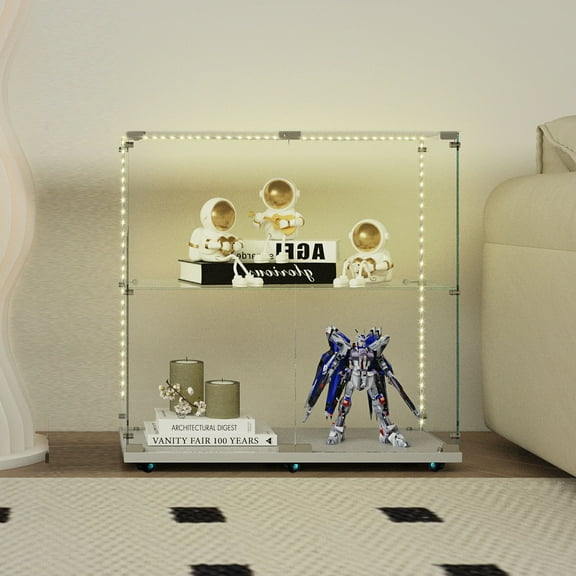 2 Tiers Glass Display Cabinet with Bluetooth LED Light Strip, 2 Doors Floor Standing Curio Cabinet, Bookshelf for Collections