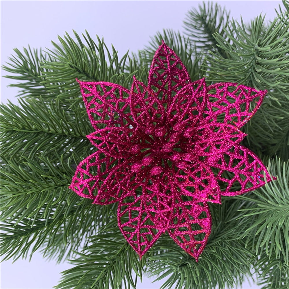 10Pcs Glitter Poinsettia Flower Christmas Wreath Tree Decorations Xmas Crafts L7 