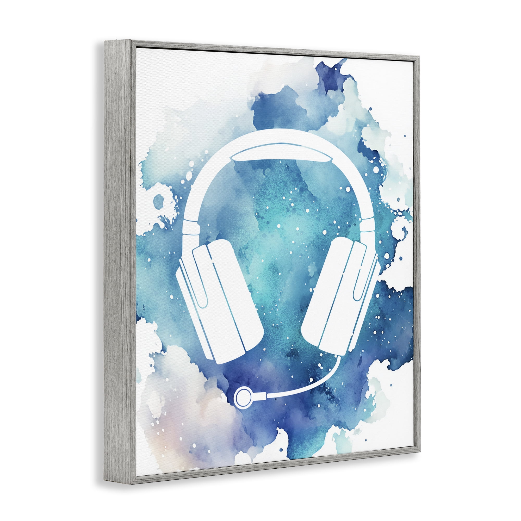 Blue Headphone Splatter Gray Framed Giclee Art, design by Marcus Prime
