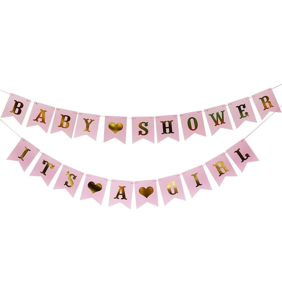 FOLOYORI 2Pcs Baby Birthday Banner Pink Flag Shape Hanging Decoration for Girls Party 15X0.39in