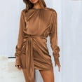 thumbnail image 2 of Solid Color O-Neck Pencil Dress for Women Long Sleeve Front Tie Short Dress Slim-Fit Casual Mini Dresses, 2 of 6