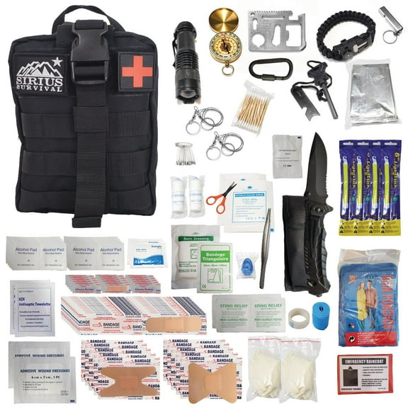 Sirius Premium 250 Piece Survival Kit & First Aid Kit - Outdoor Emergency Gear & Trauma Bag for Camping Hiking Hunting Car Cabin and Other Adventures - Black