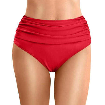 Zhden Bikini Bottoms High Waisted Bikini Bottoms Tummy Control Full Coverage Swim Bottom Front Ruched Bathing SwimsuitRed L