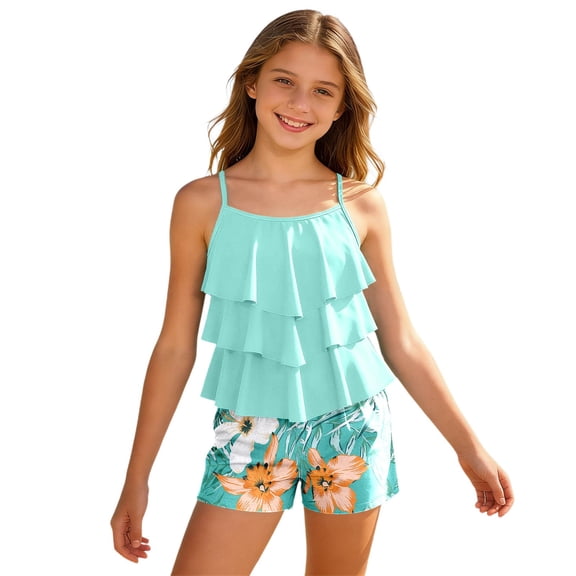 JAJAHO Girls Two Piece Tankini Set Summer Beach Outfits Ruffle Layered Top With Shorts Bottom For Kids Adjustable Spaghetti Straps Stylish Swimwear
