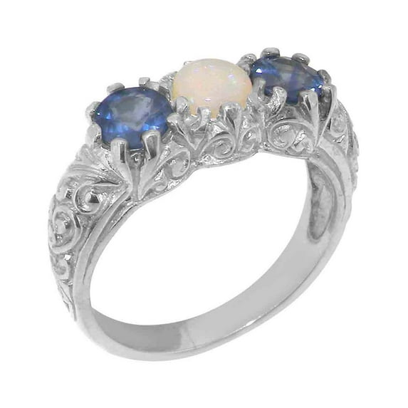 LBG British Made 14k White Gold Natural Opal & Sapphire Womens Statement Ring - 33 size options - Size 10.5